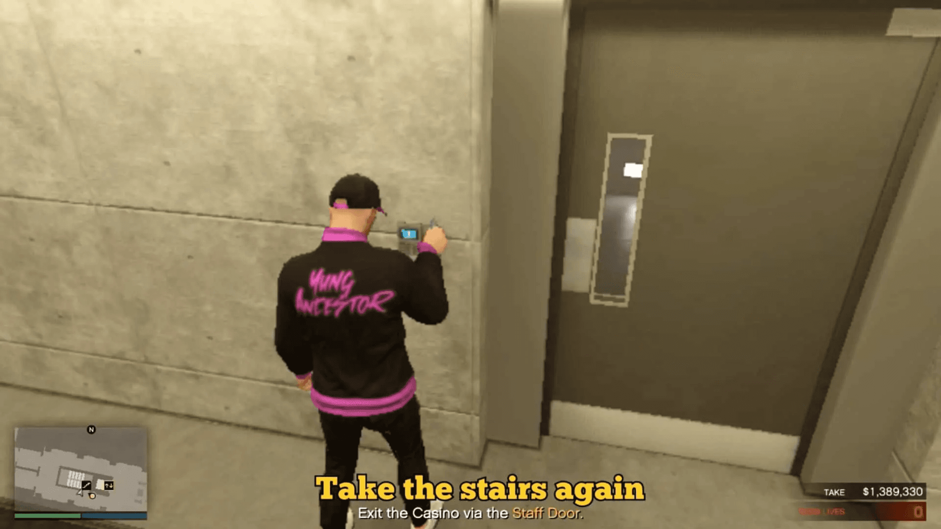 Swiping the keycard on the door leading to the stairs