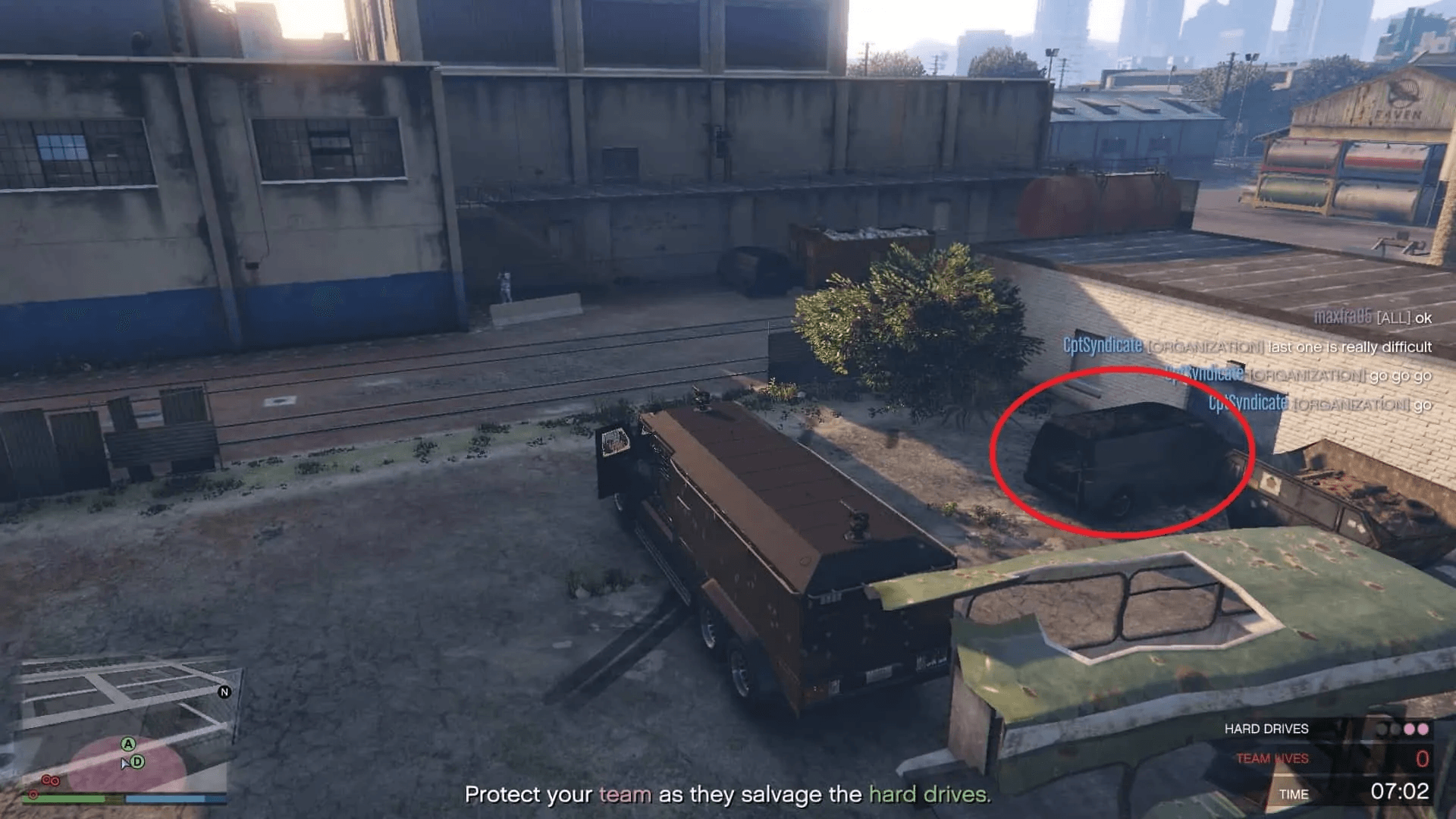Parking the car perpendicular to the salvage point (circled in red) so that enemies cannot shoot from the left side. You will still need to help your friend a bit by covering him