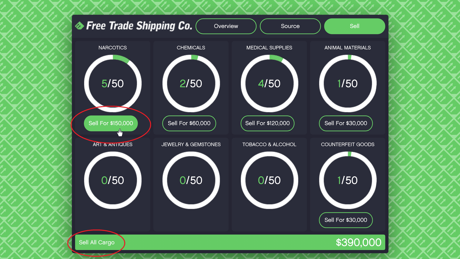 You can either sell one product type or all available cargo. It can be used in your favor to rotate between two cargo types and get 25 of each (for example, Narcotics and Chemicals), and sell all (50 crates in total) to maximize your profits and work optimally.