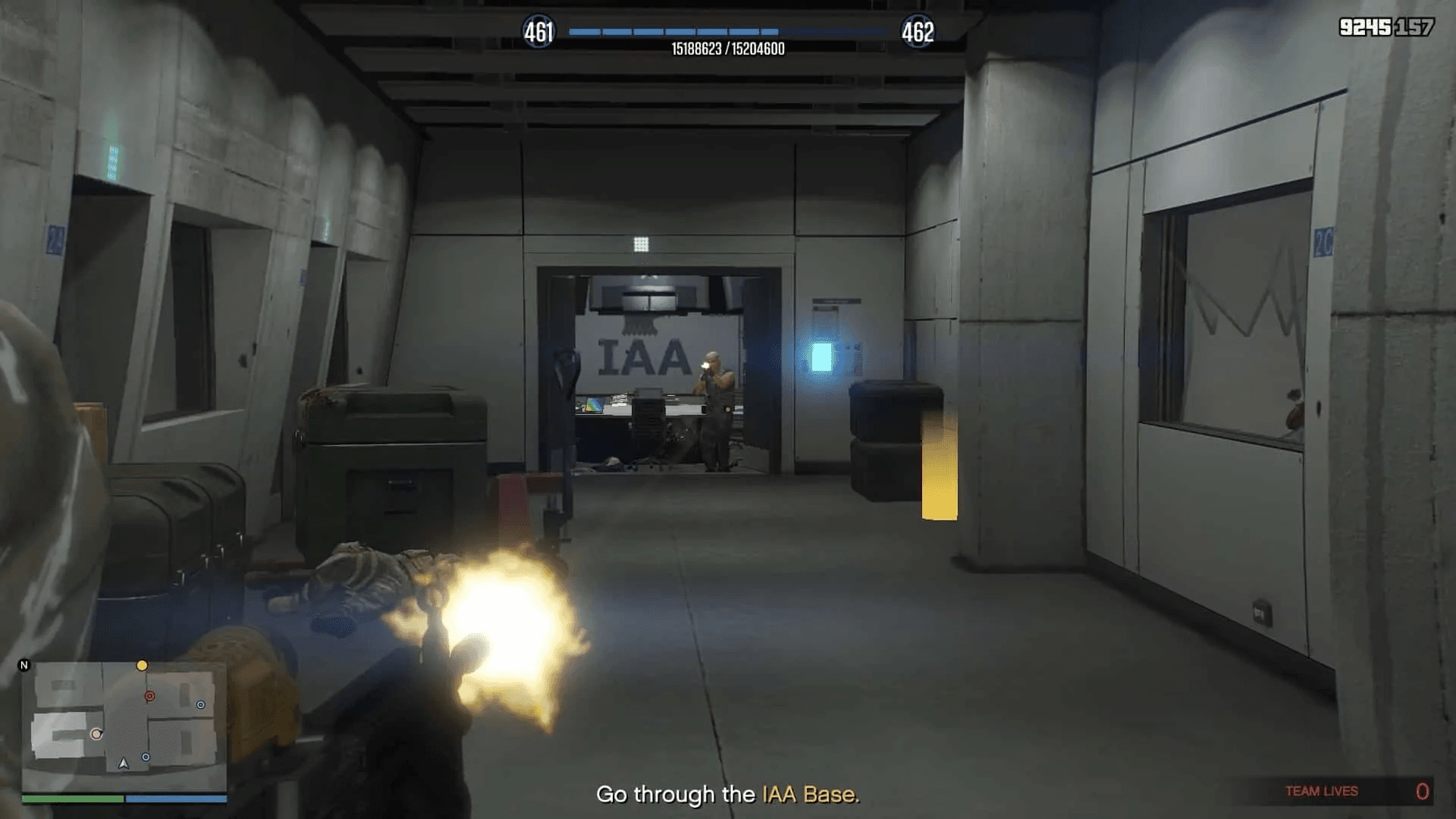 Soldiers coming through the double door at the end of the hallway