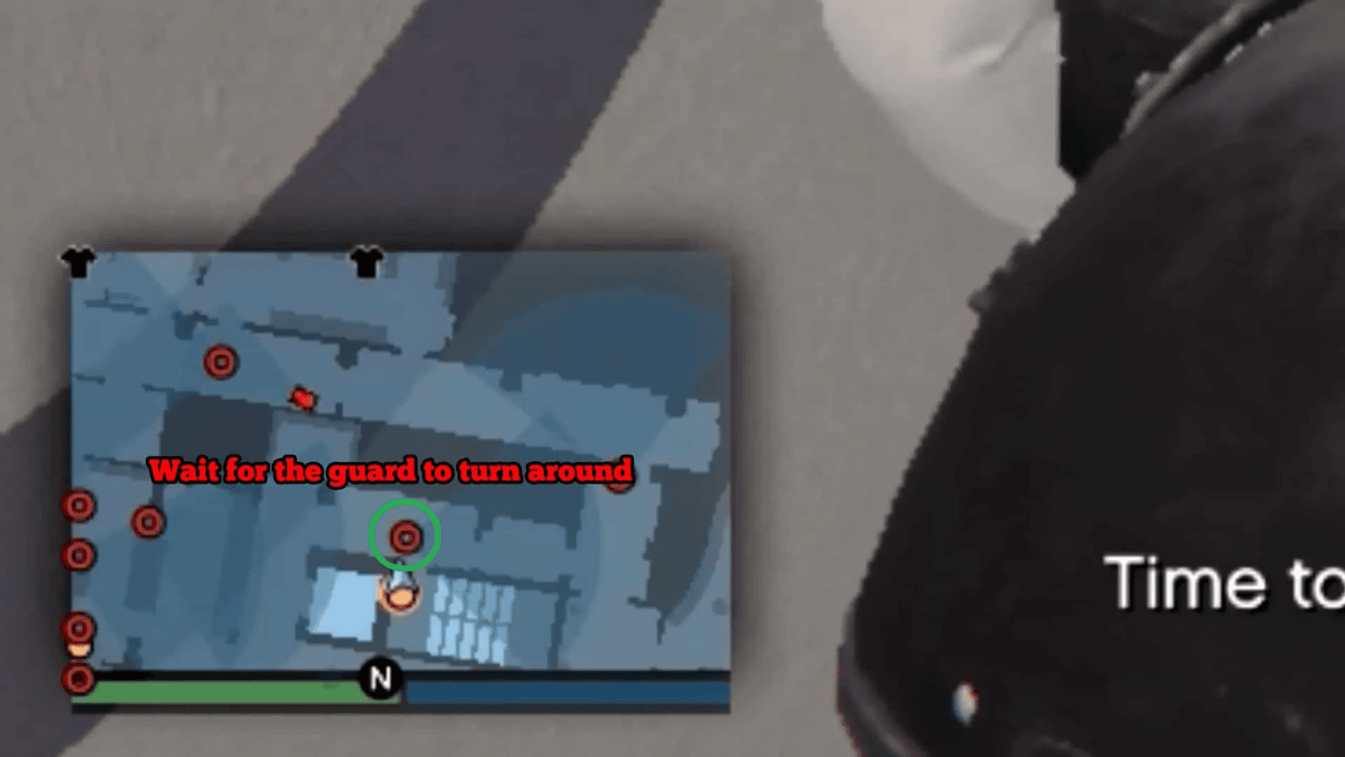 You need to wait for the first guard (the green circle) to turn around so you can exit through the door