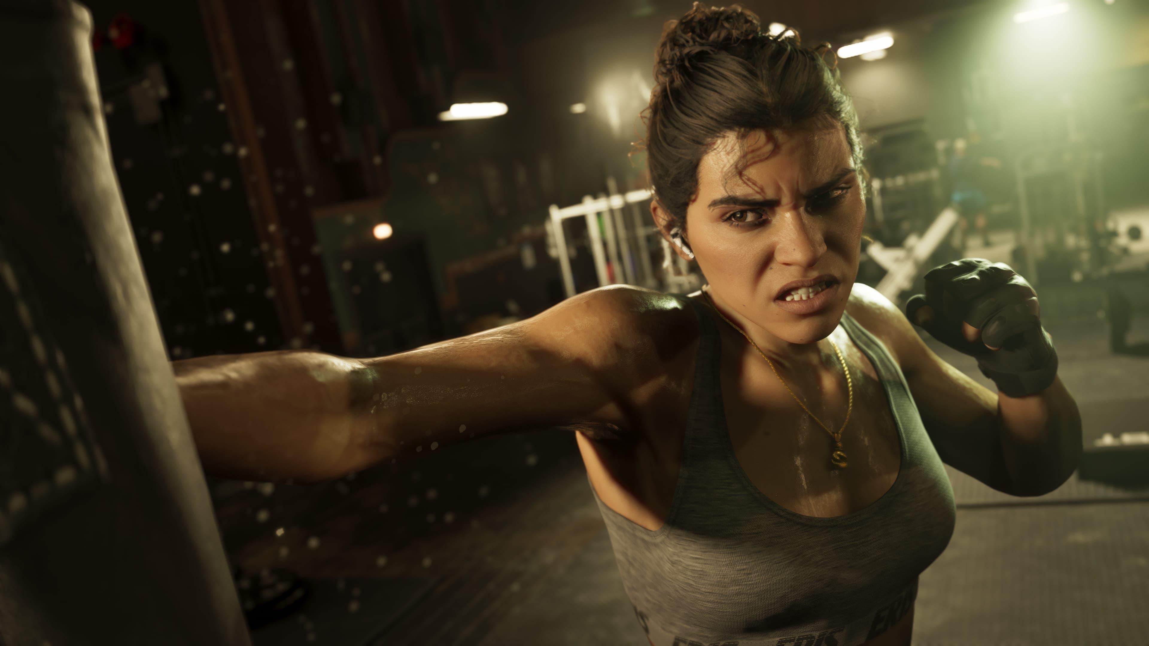 Lucia Caminos boxing in a gym.