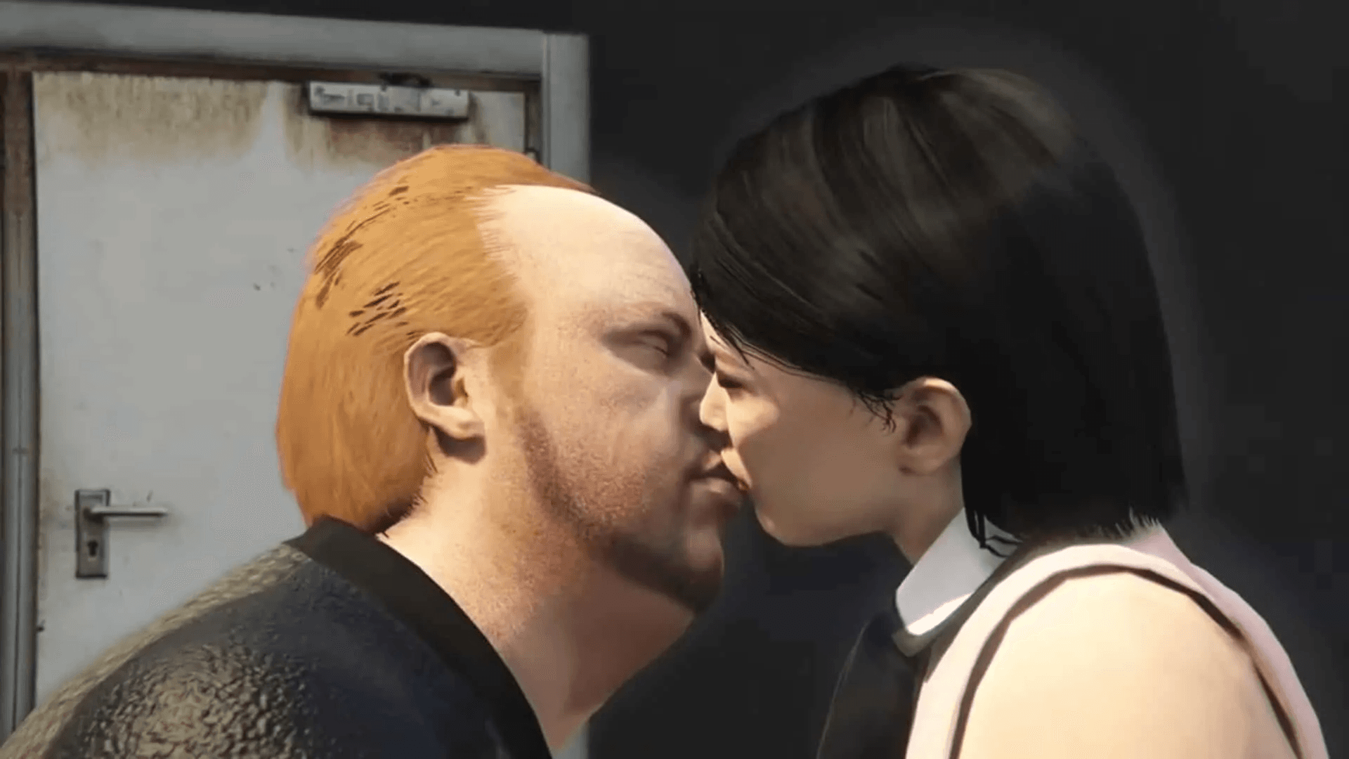 Lester Crest (Three legged man) and Georgina Cheng (Long legged woman) kissing as seen in a cutscene after the casino heist in GTA Online