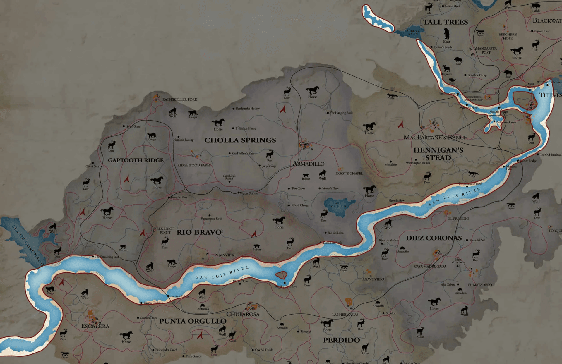 San Luis River (Highlighted in the middle), New Austin territory (Top of the river) and Nuevo Paraíso territory (Below the river)