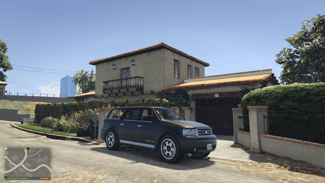 Dreyfuss' house in Vinewood Hills with his car parked outside