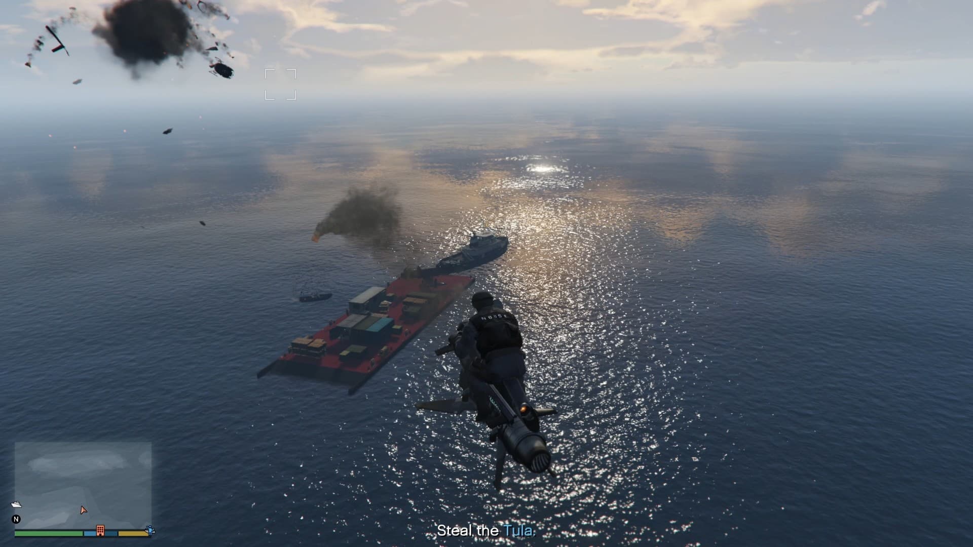 Destroying barge security using the homing missiles from Oppressor Mark II.