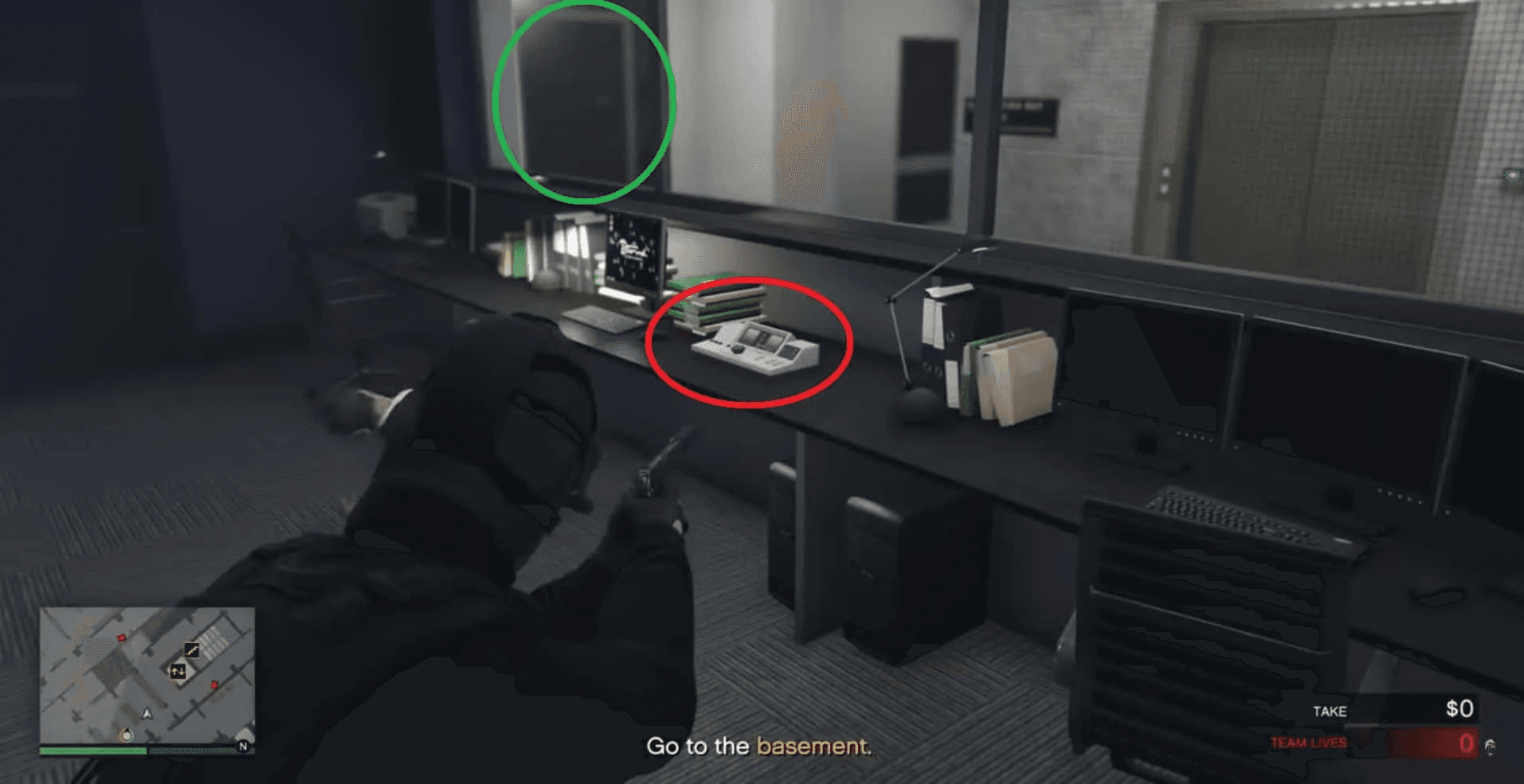 The switch (circled in red) which opens the Secret Vault Door (circled in green)
