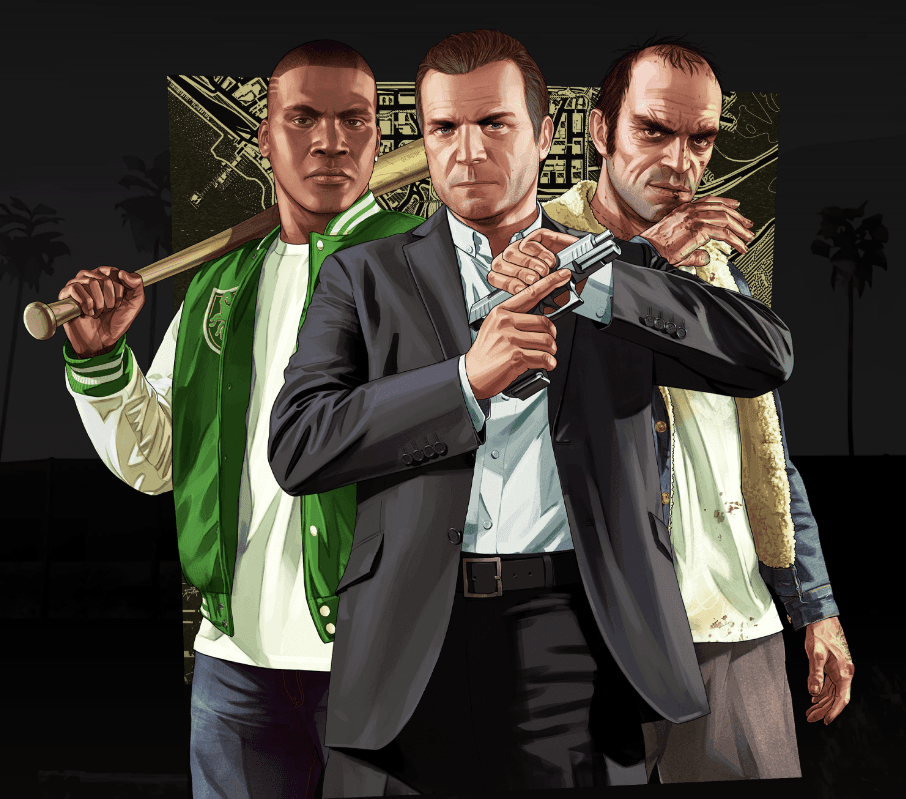 Official cover art for Grand Theft Auto V, depicting the three protagonists.