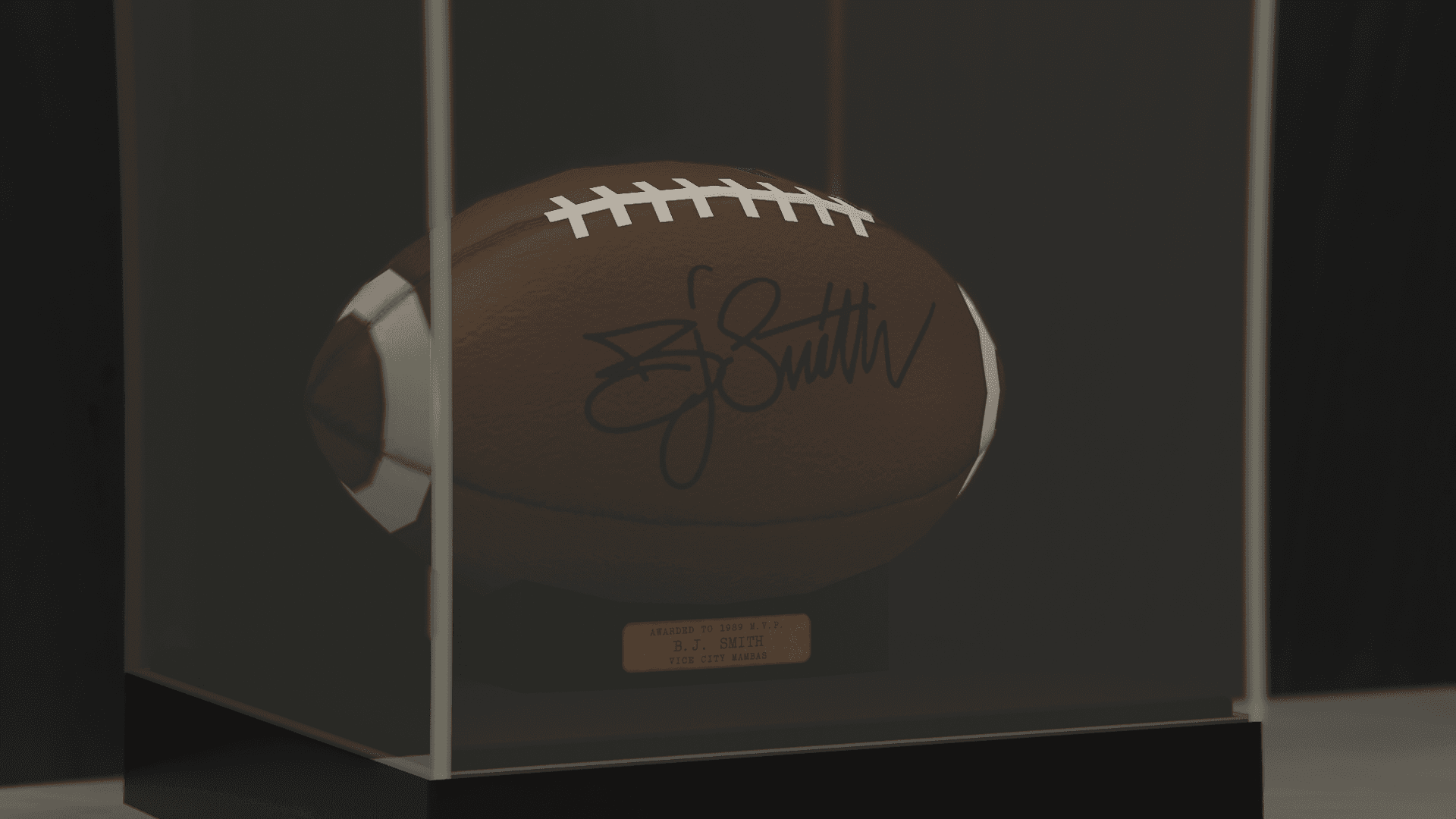 Vice City Mamba's BJ Smith-signed football decoration piece for the Diamond Casino Penthouse as seen in GTA Online.