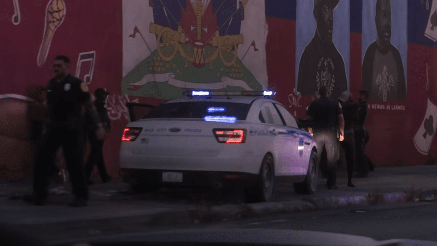 Vapid Police Cruiser covered in white and blue livery as seen in the second GTA 6 trailer.