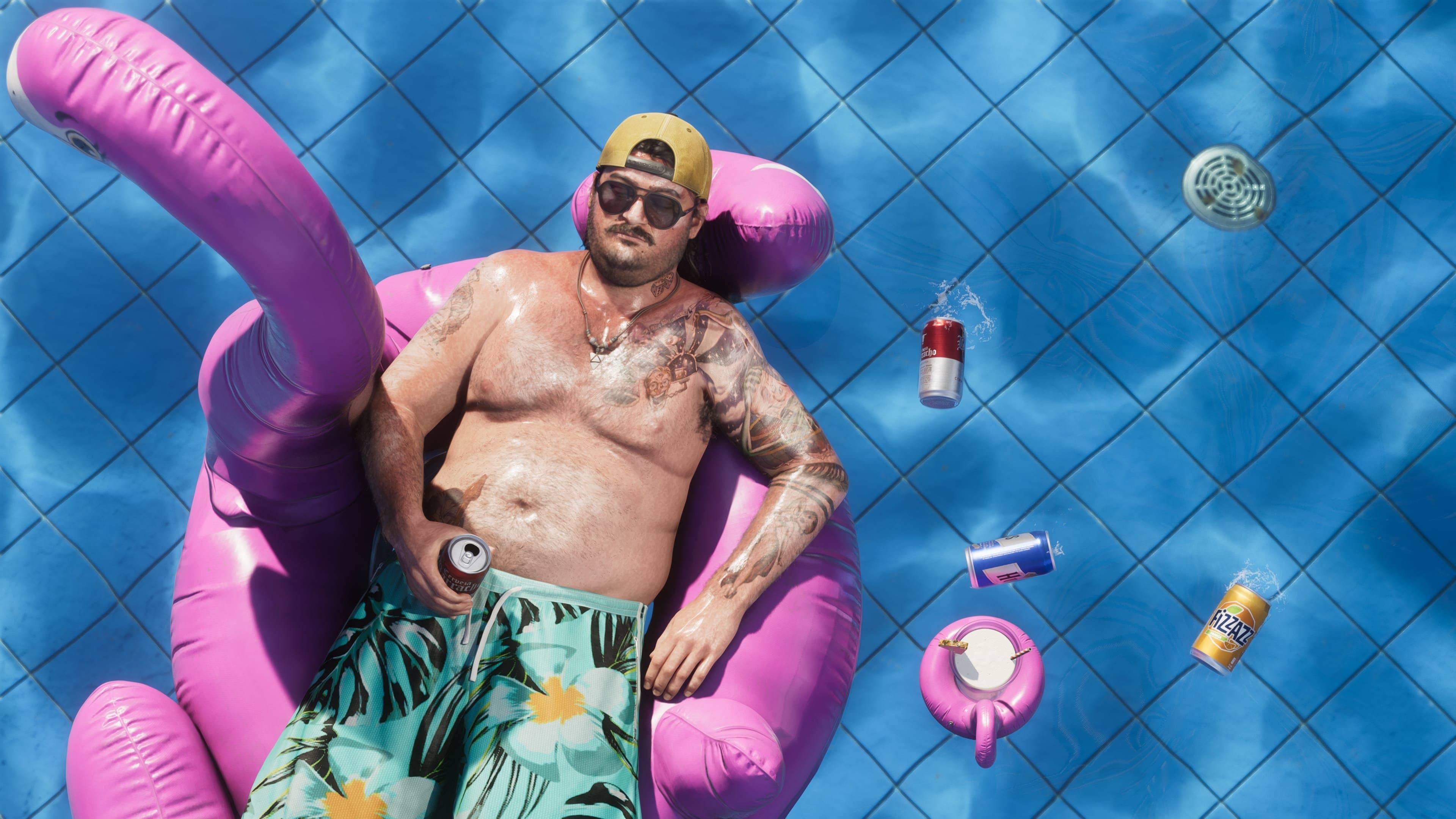 Cal Hampton lounging around in a pool on a floatie with a drink in his hand.|Cal Hampton lounging around in a pool on a floatie with a drink in his hand.