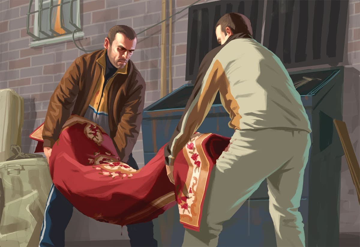 Official artwork showing Niko and his cousin Roman disposing of a body.