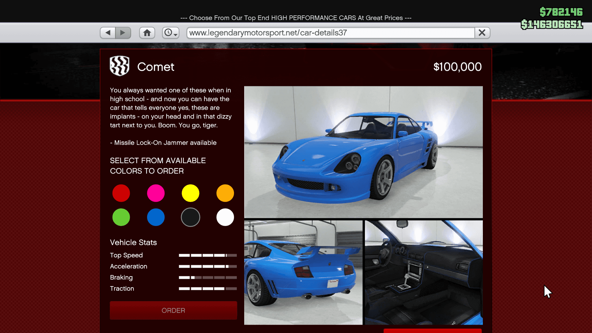 The base Pfister Comet can be purchased in Grand Theft Auto Online from the Legendary Motorsport website for $100,000.