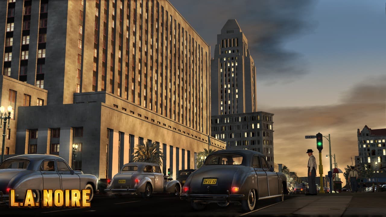 Large ornate building depicting the architectural style of 1940s Los Angeles.