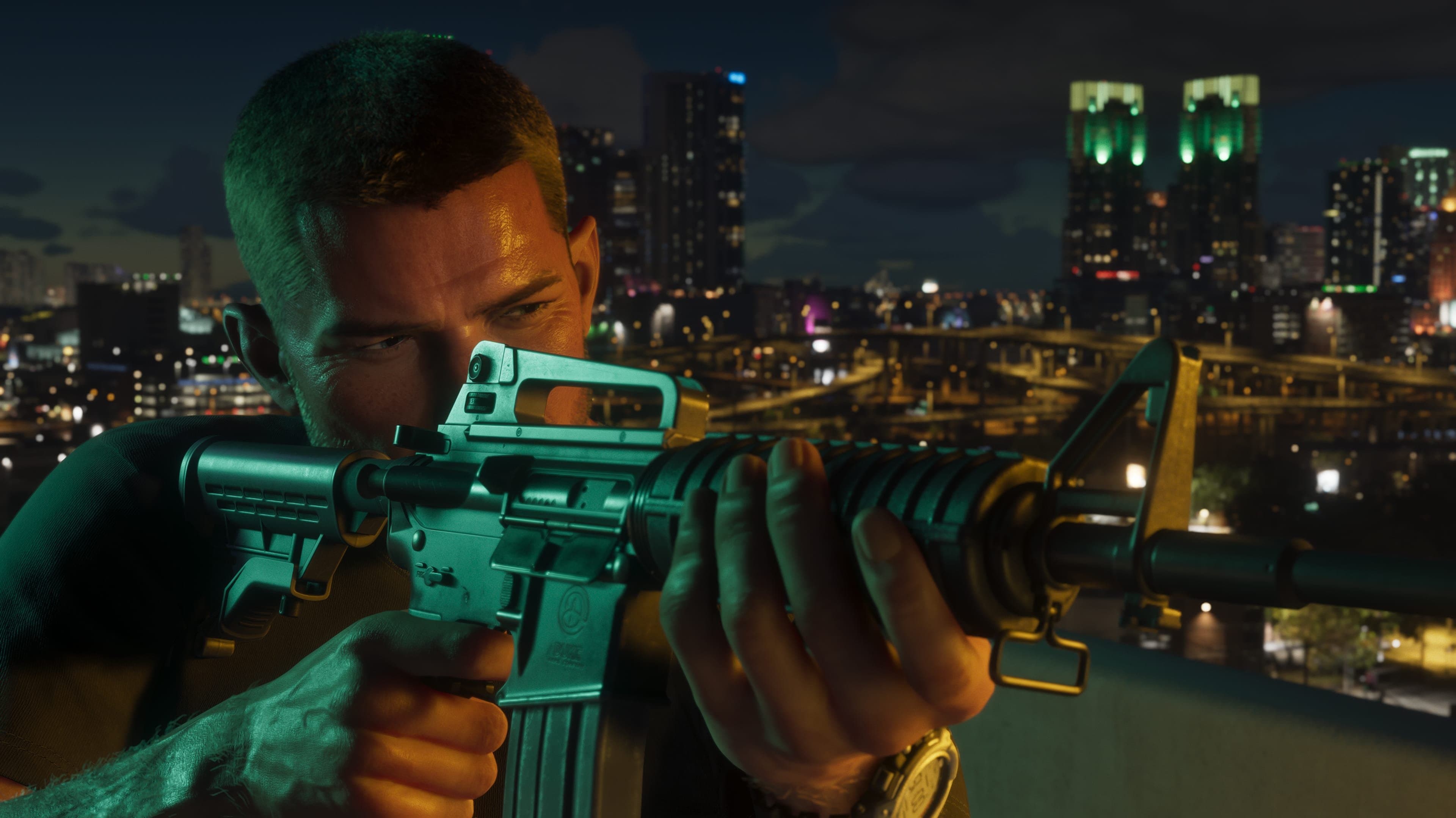 Jason Duval holding what looks like a Duke Carbine Rifle, which is inspired by the real life M4A1 rifle.