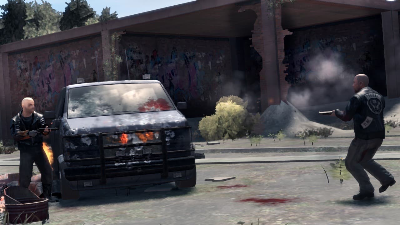 Johnny fending off the ambushing rival gang, Angels of Death.