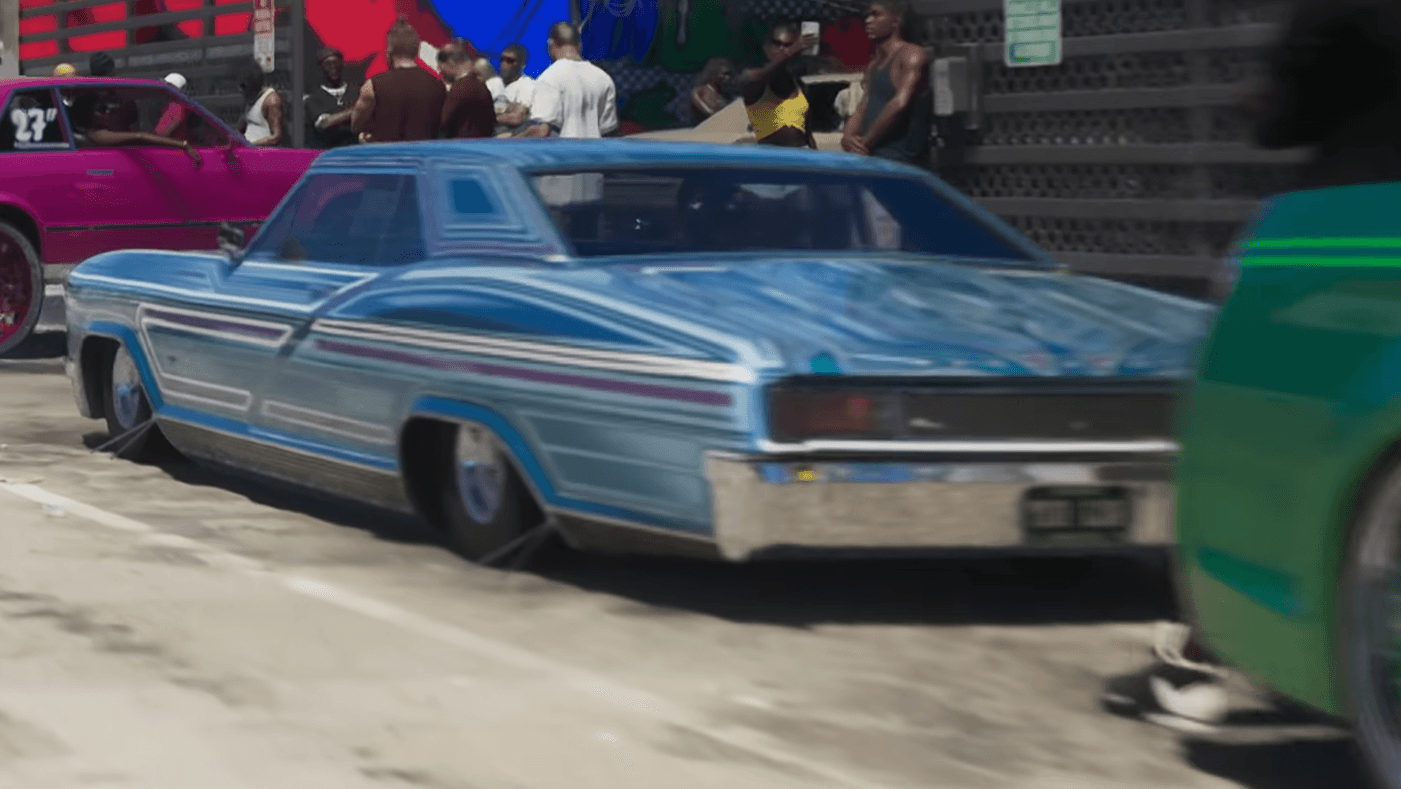 Albany Buccaneer Custom parked by the curb as seen in the first GTA VI trailer.