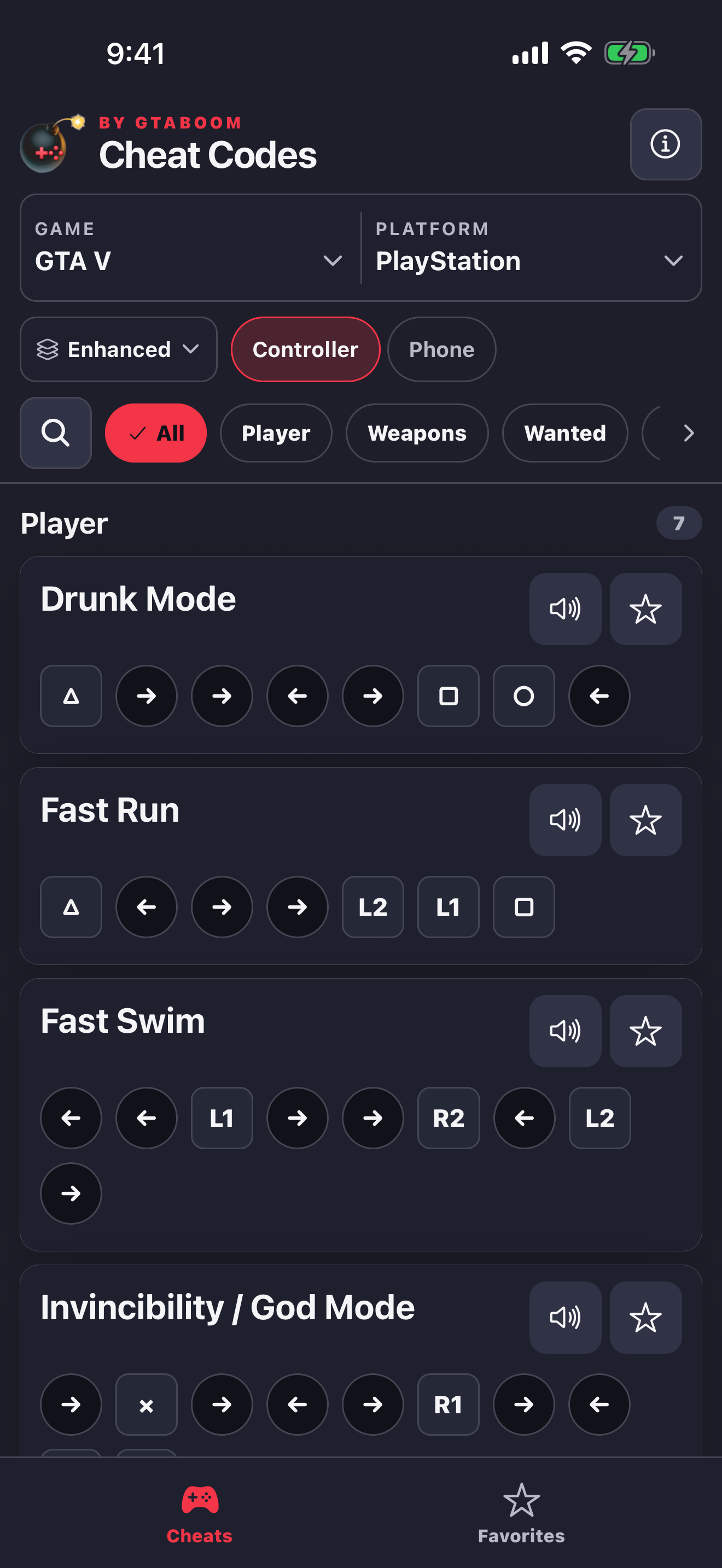 Cheat Codes by GTABOOM showing GTA V PlayStation cheats grouped by category