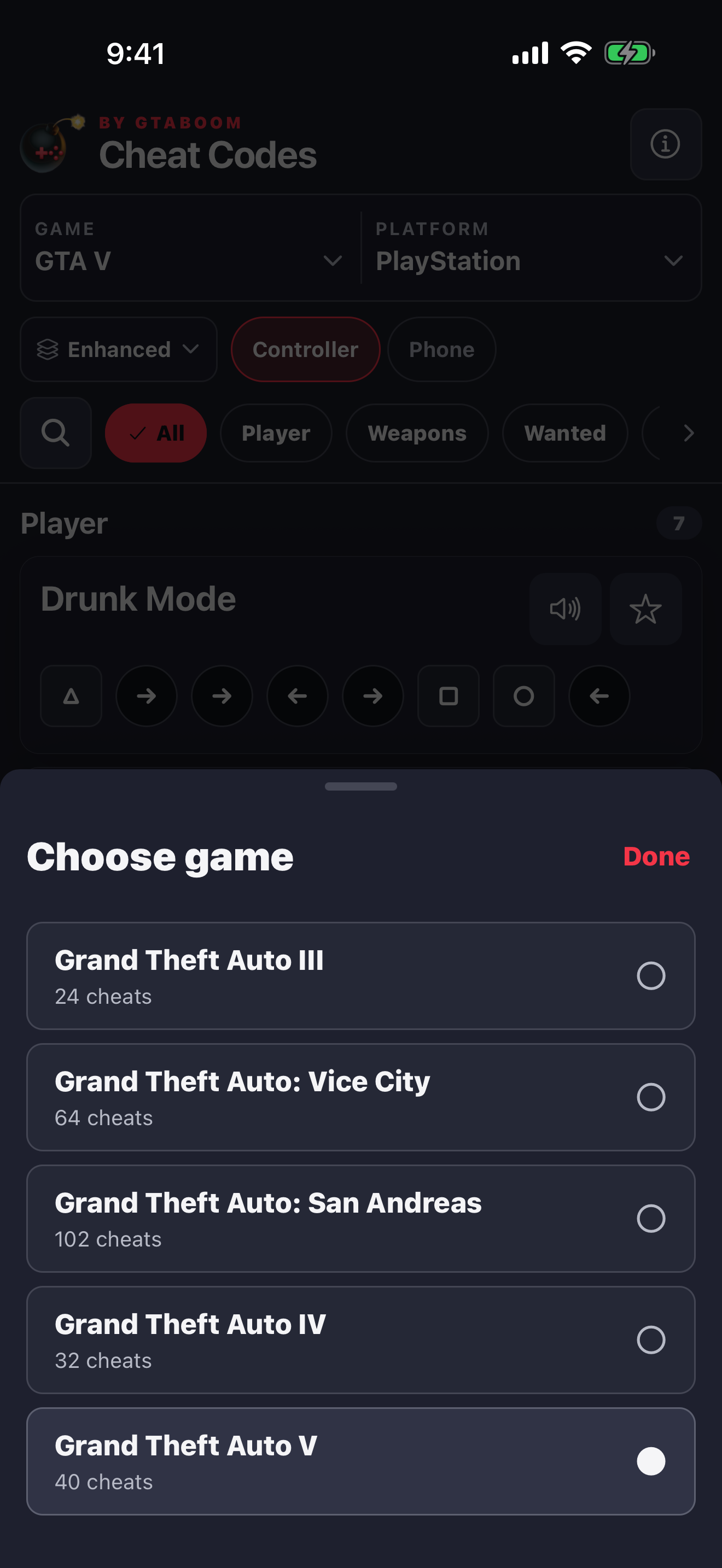 Cheat Codes by GTABOOM game selector with five released GTA games