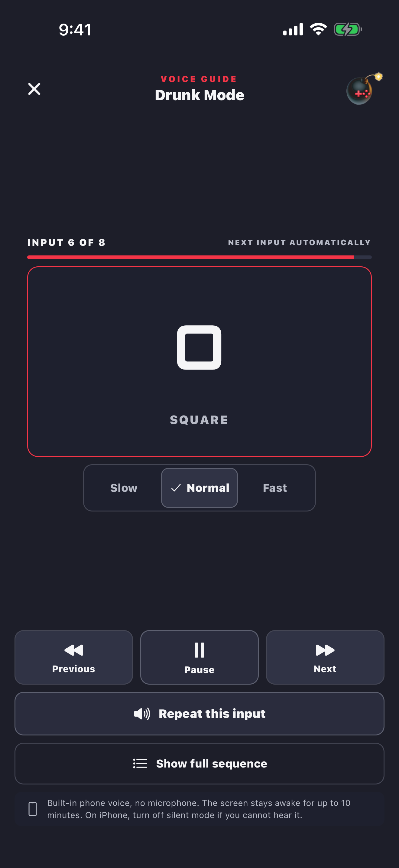 Cheat Codes automatic voice guide showing a controller input