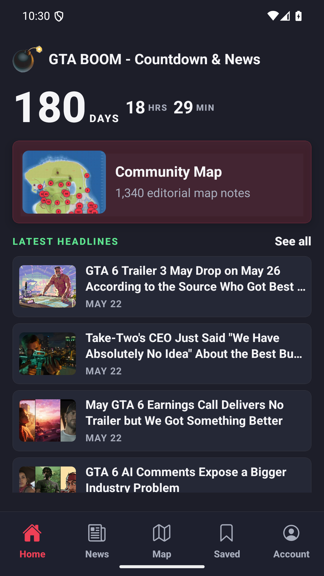 GTA BOOM app home screen with GTA 6 countdown and latest news
