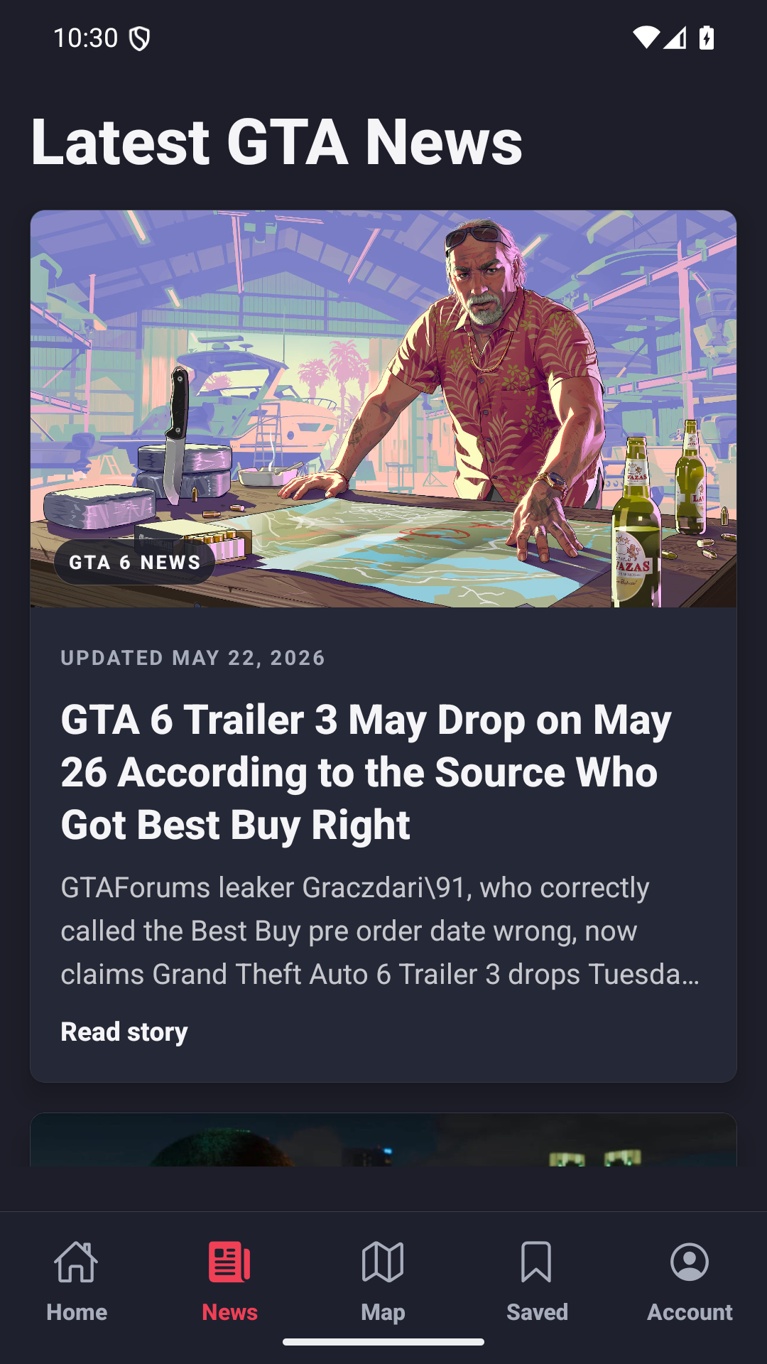 GTA BOOM app news screen for GTA 6 articles