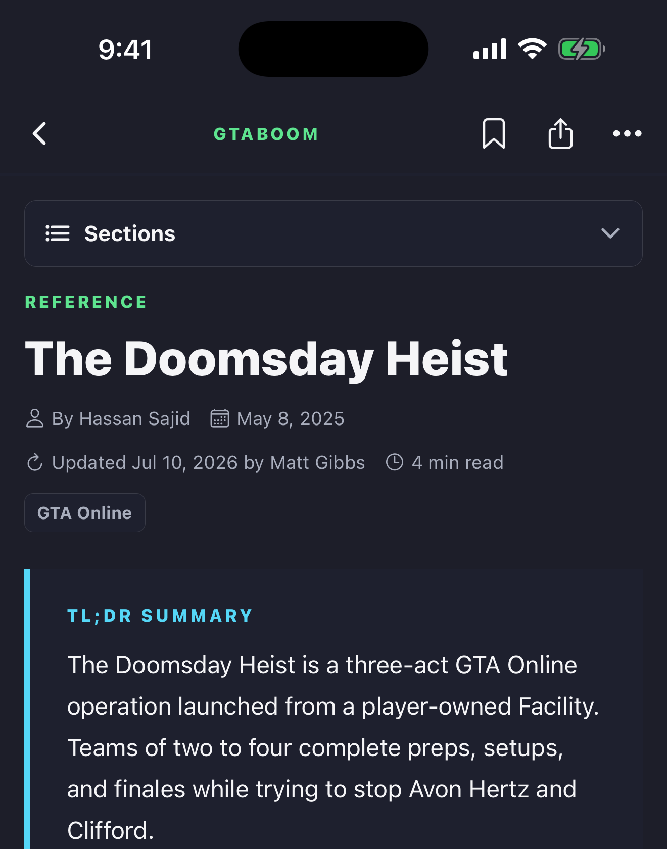 GTABOOM native reader showing article sections, byline, and summary
